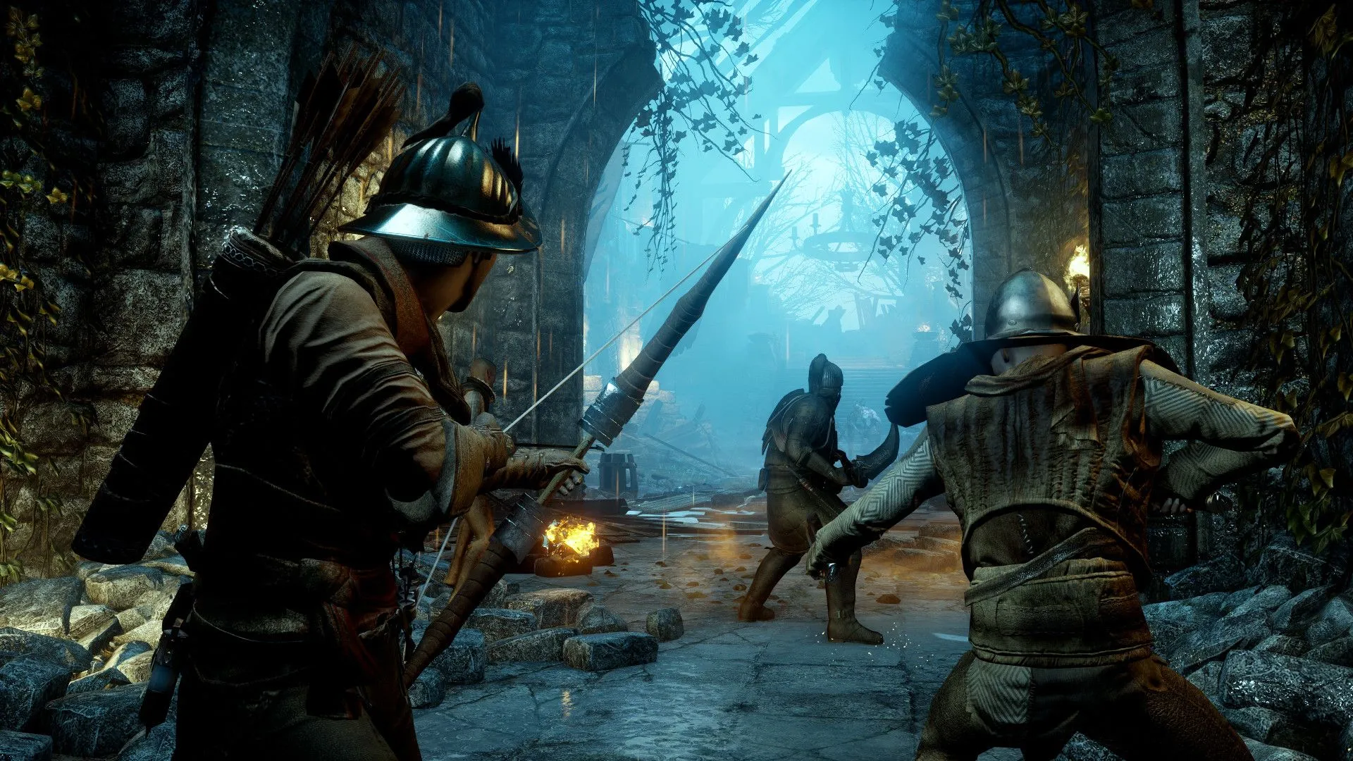 Các nhân vật chiến đấu chống lại quái vật trong một cảnh game Dragon Age: Inquisition.