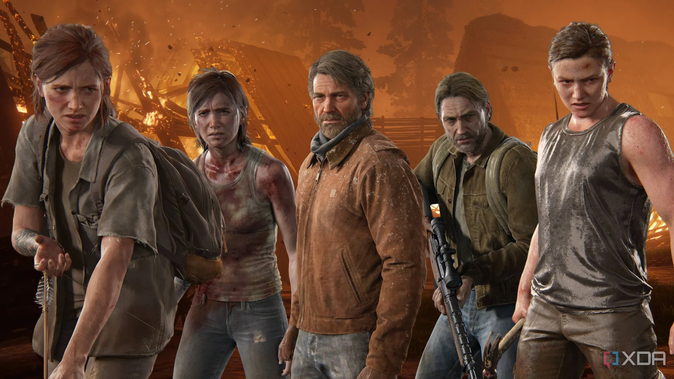 Các nhân vật chính Ellie, Joel, Tommy và Abby từ series game The Last of Us, thể hiện sự phức tạp của cốt truyện.