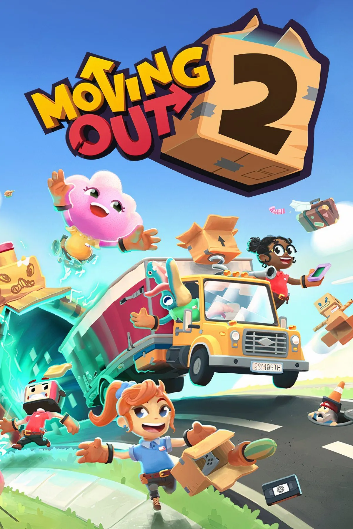 Các nhân vật ngộ nghĩnh đang hợp tác vận chuyển đồ đạc trong game Moving Out 2, minh họa lối chơi co-op hài hước.