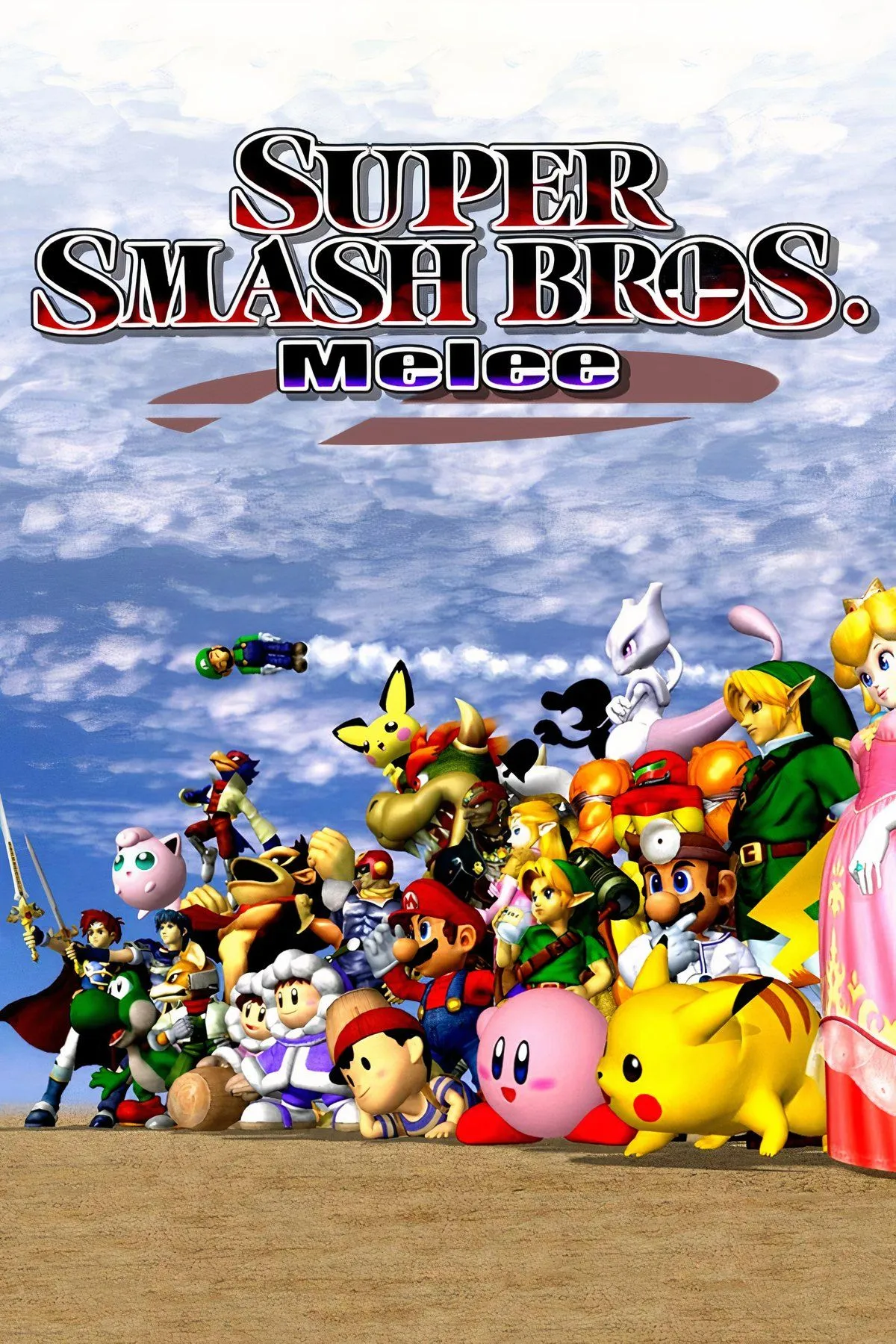 Các nhân vật Nintendo quen thuộc chiến đấu trên một sàn đấu trong Super Smash Bros. Melee.