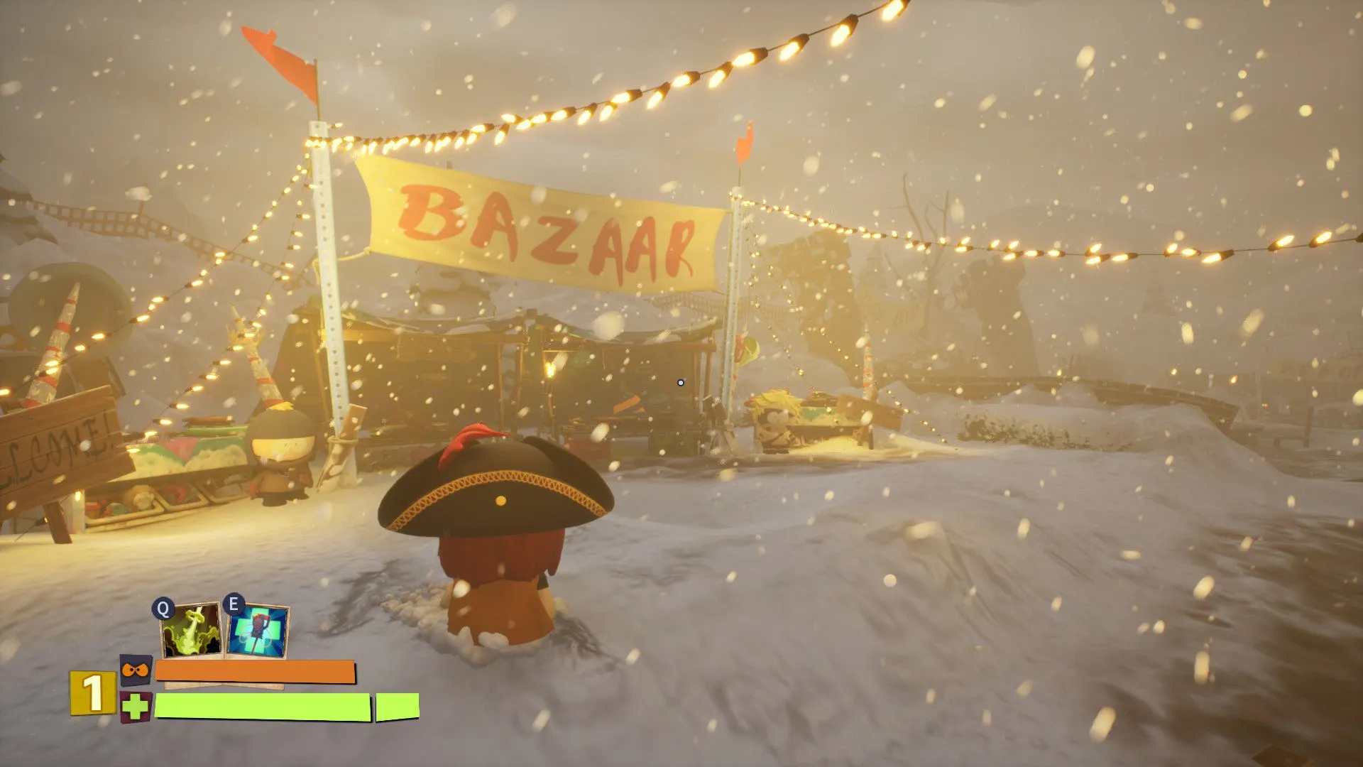 Các nhân vật South Park trong tạo hình 3D, đang mua sắm tại một khu chợ trong South Park: Snow Day!, cho thấy sự thay đổi phong cách nghệ thuật.