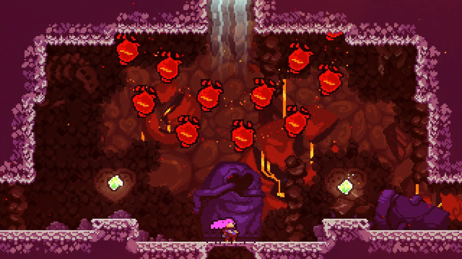Các quả cầu đỏ bao quanh nhân vật trong game Celeste