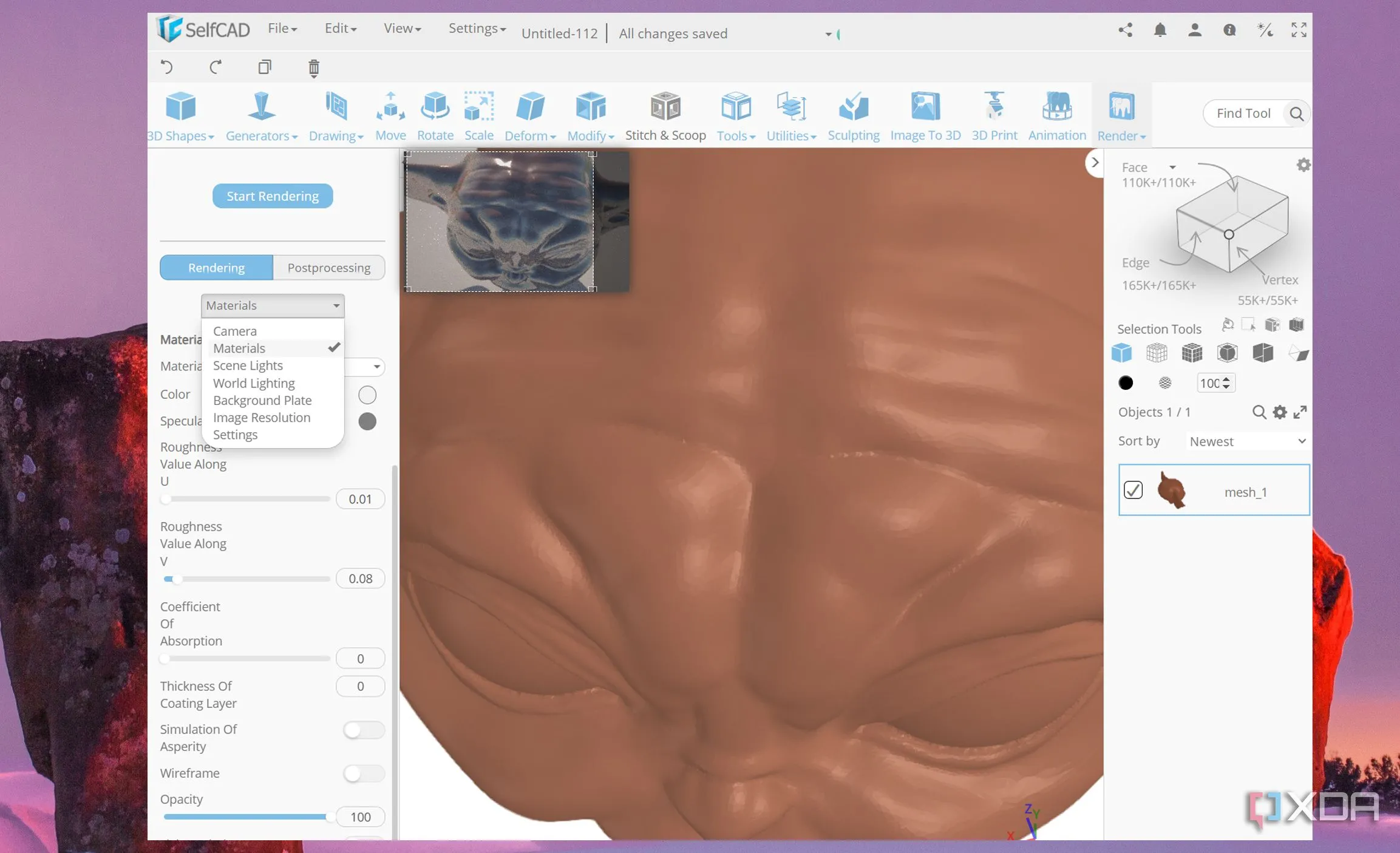 Các tính năng render và tạo vật liệu trong SelfCAD, giúp mô hình 3D trở nên sống động và chân thực hơn