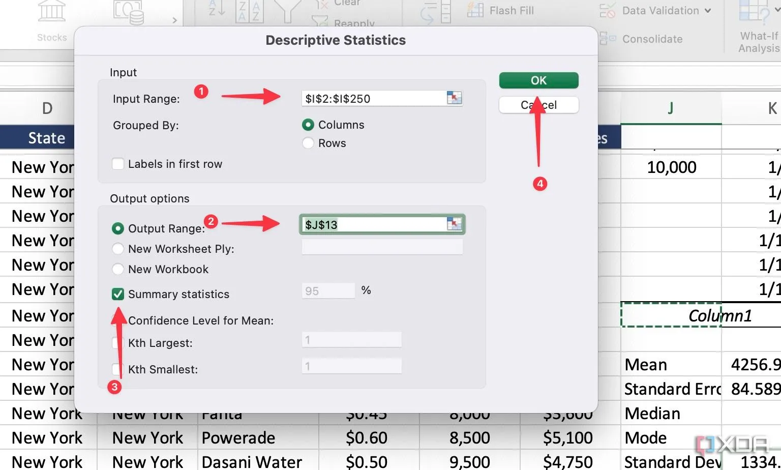Các tùy chọn để cấu hình Descriptive Statistics trong Excel