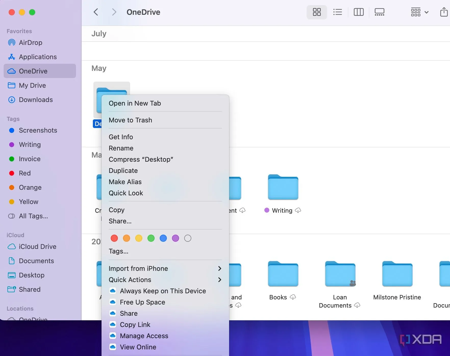 Các tùy chọn Microsoft OneDrive được hiển thị trong Finder trên macOS, thể hiện tích hợp đa nền tảng