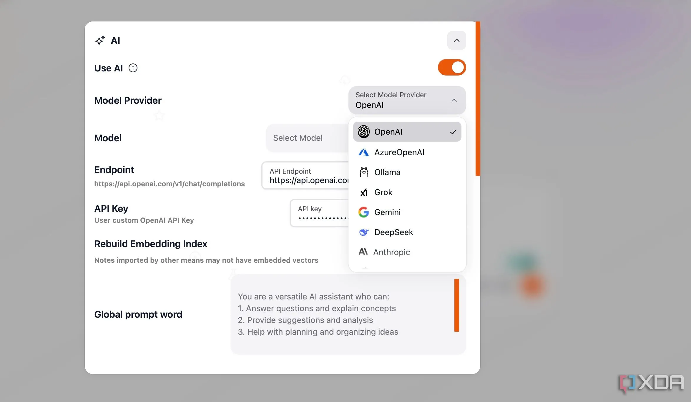 Các tùy chọn mô hình AI khác nhau được Blinko hỗ trợ, bao gồm OpenAI, Google và Ollama