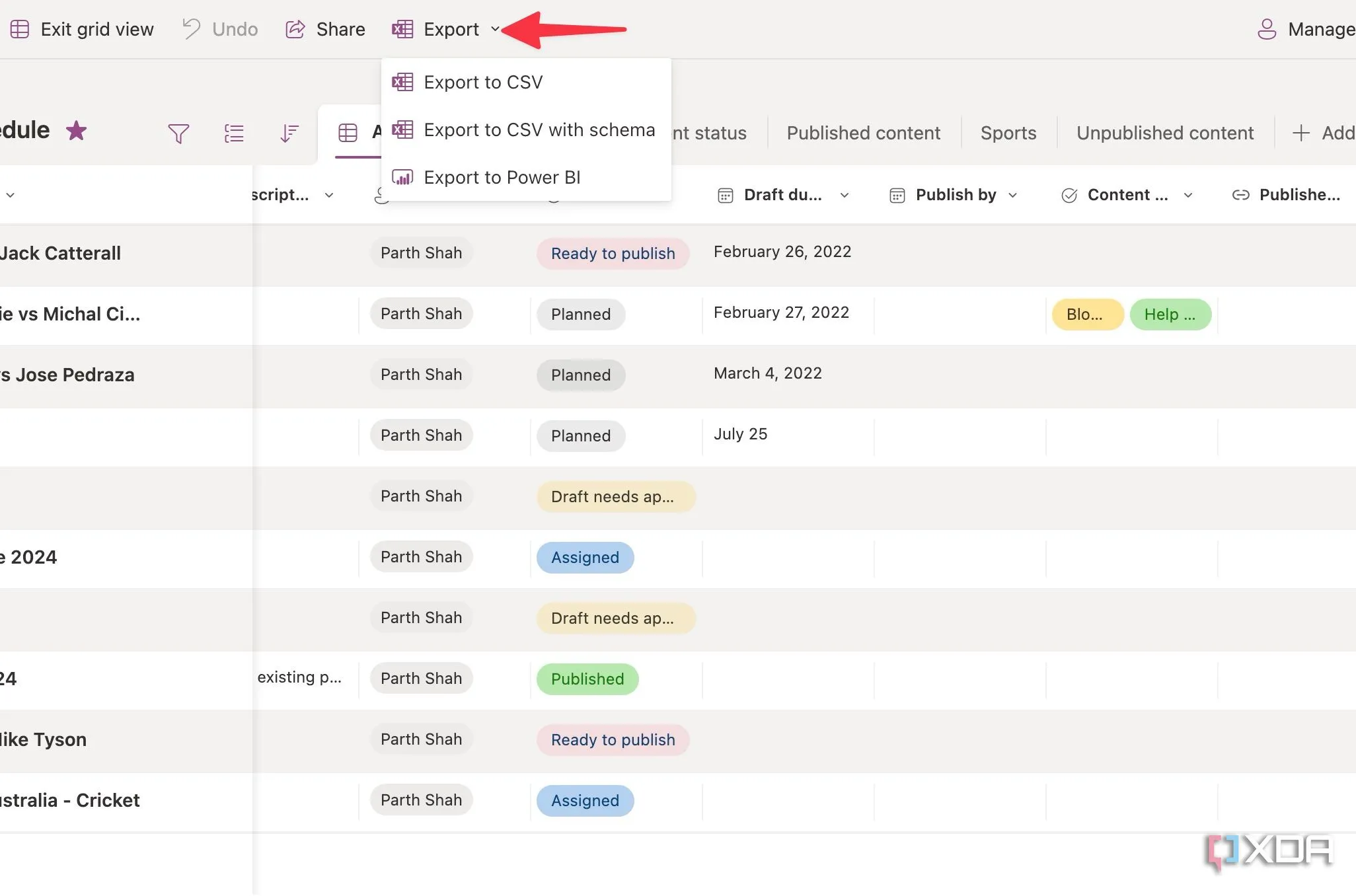 Các tùy chọn xuất dữ liệu trong Microsoft Lists, bao gồm CSV và Power BI