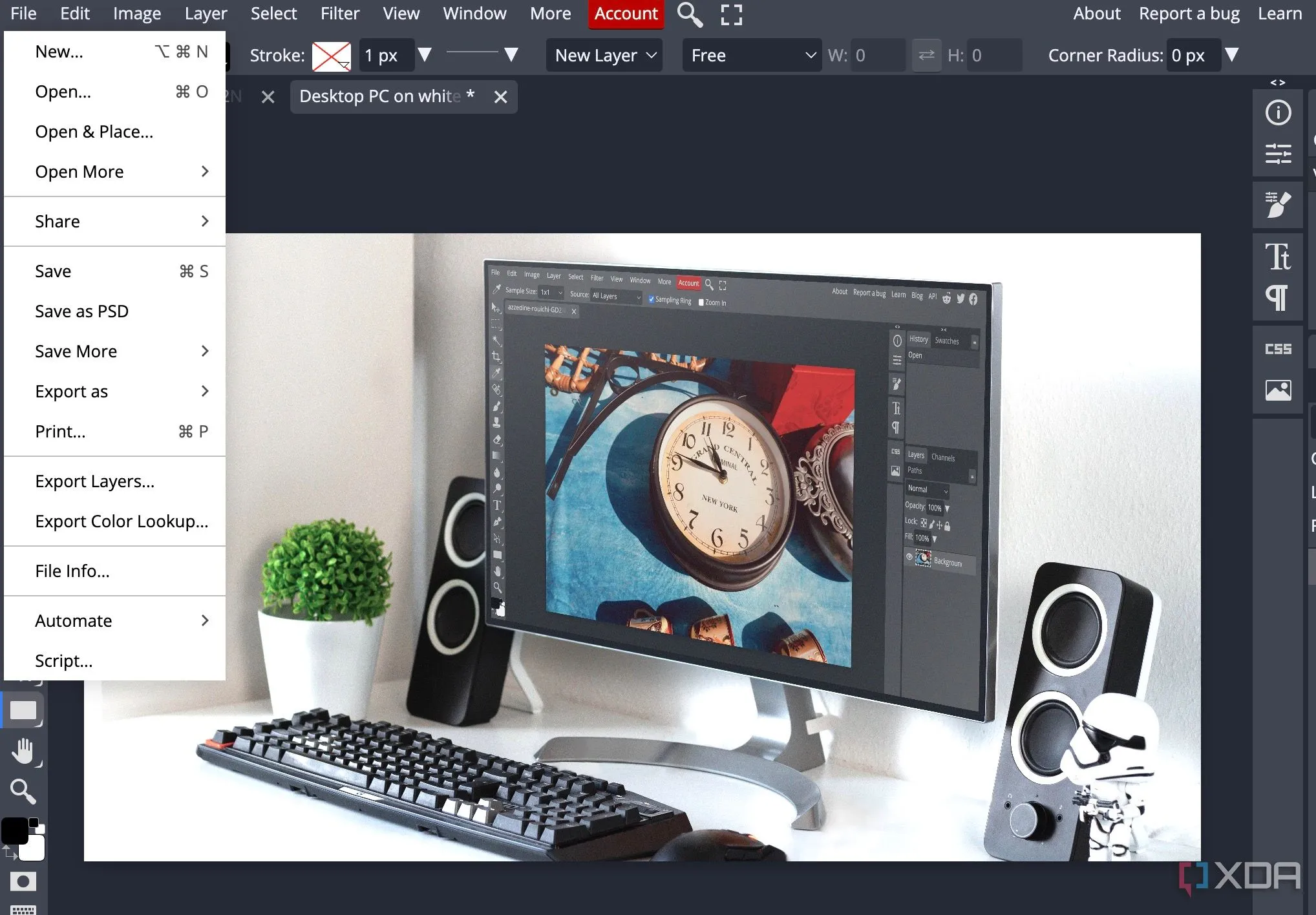 Các tùy chọn xuất file của Photopea, cho thấy khả năng xử lý và lưu trữ hiệu quả ngay cả với những tệp dung lượng lớn