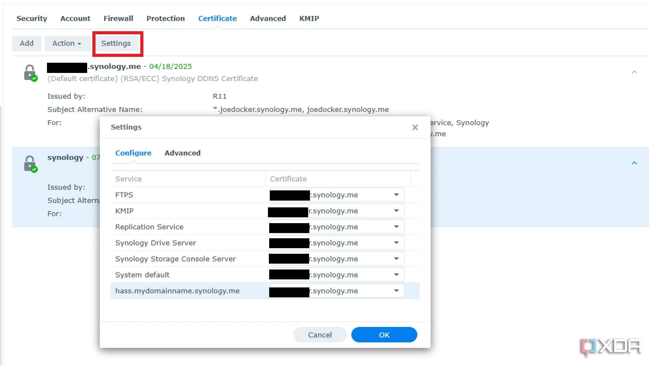 Cài đặt chứng chỉ SSL trong Synology DSM, cho phép gán chứng chỉ cụ thể cho từng dịch vụ hoặc tên miền phụ (subdomain)