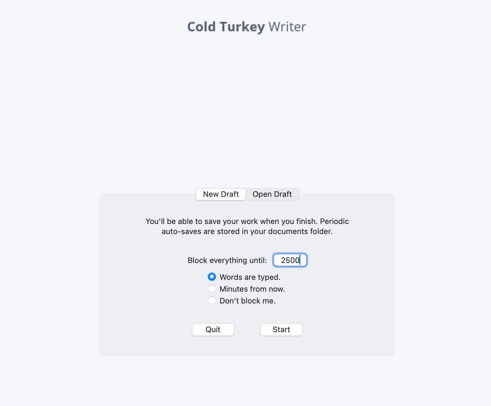 Cài đặt giới hạn từ ngữ trong Cold Turkey Writer để khóa máy tính