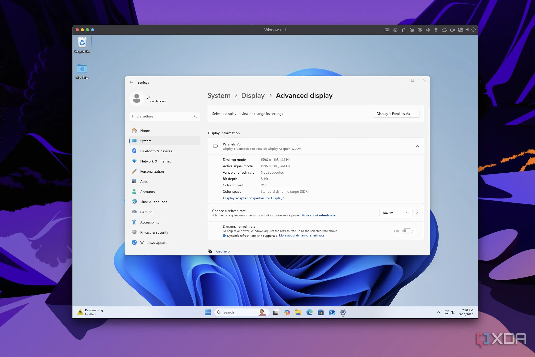 Cài đặt hiển thị Windows 11 trong Parallels Desktop với tần số quét 144Hz