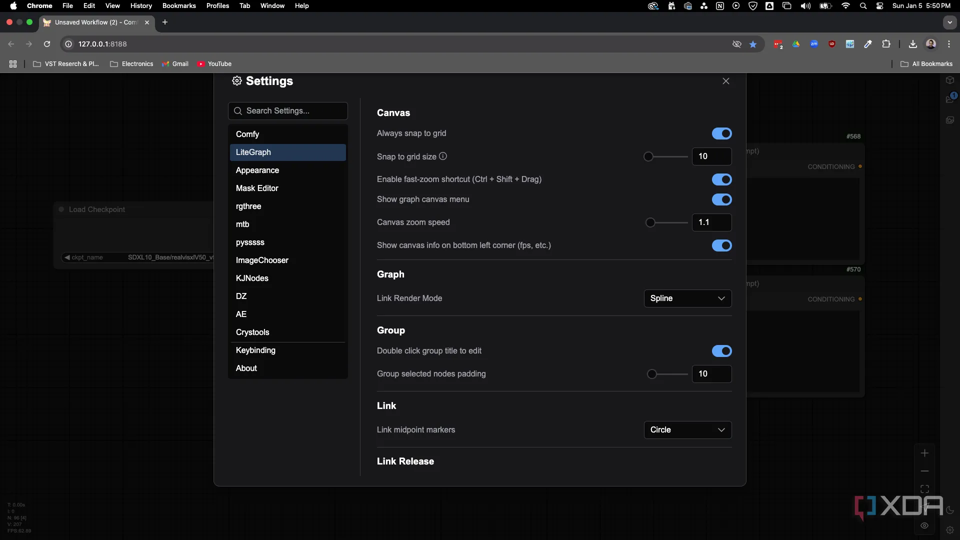 Cài đặt LiteGraph với tùy chọn Always snap to grid trong ComfyUI