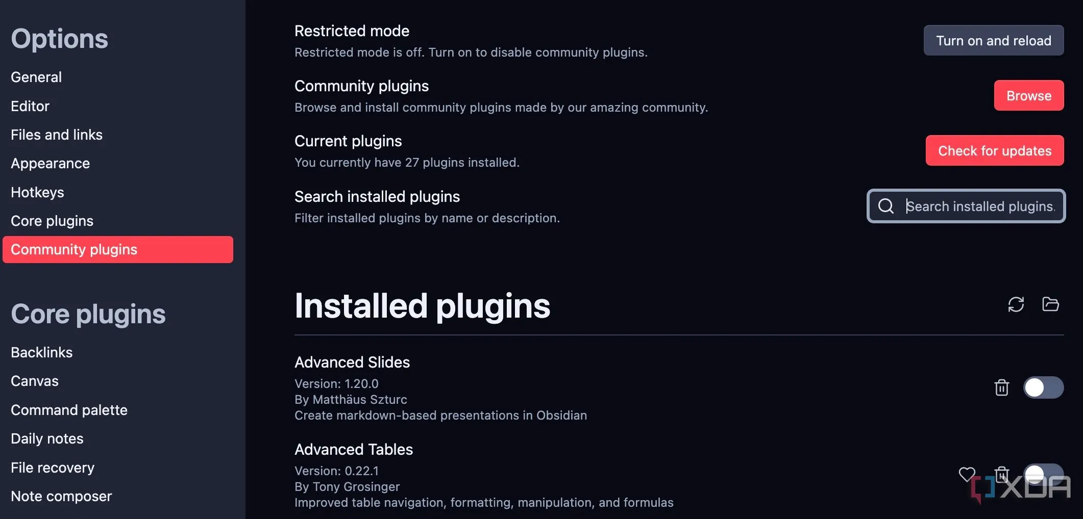 Cài đặt Obsidian với menu 'Community plugins' đang mở, cho phép tắt chế độ hạn chế để cài đặt plugin Charts