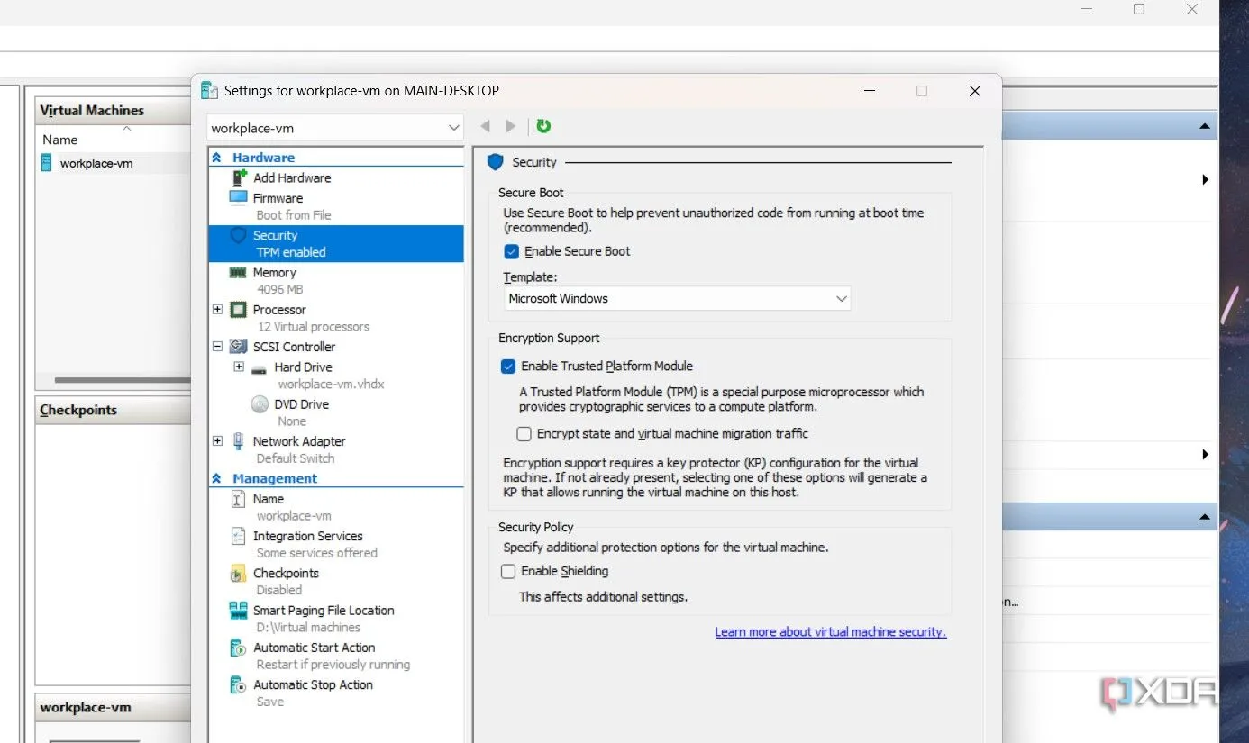 Cài đặt tùy chọn bảo mật trong Microsoft Hyper-V, làm nổi bật khả năng cách ly vượt trội của máy ảo