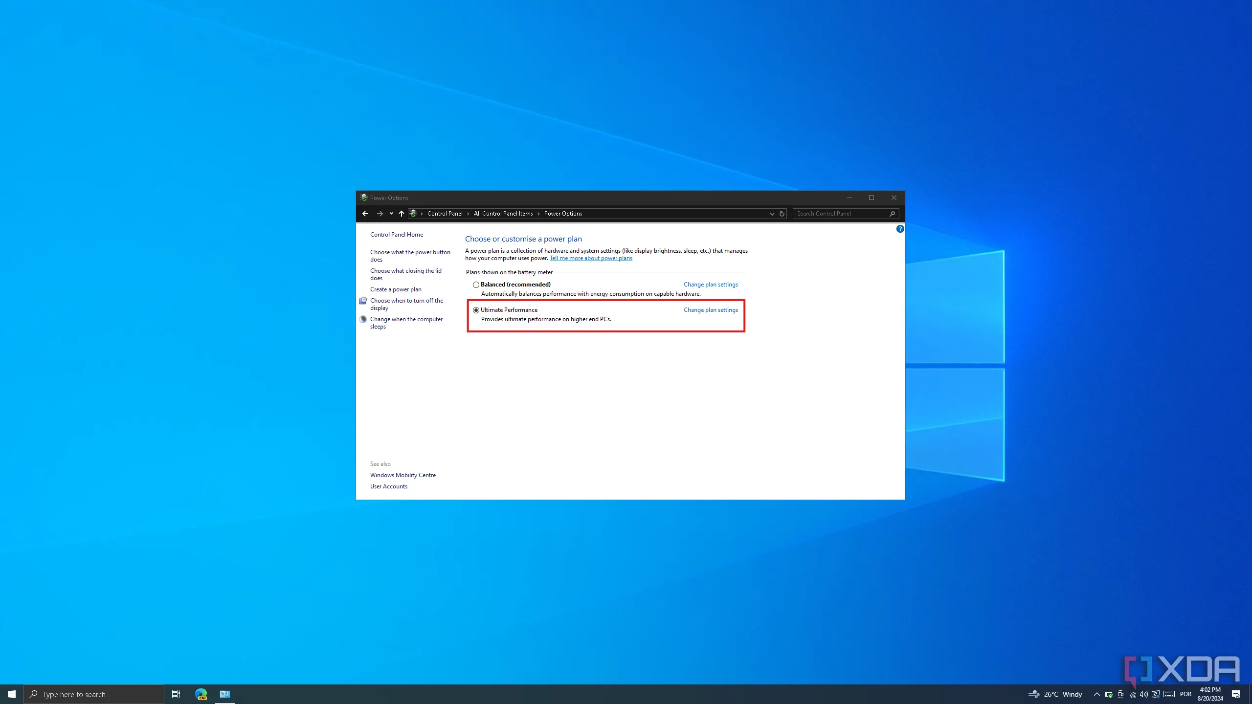 Cài đặt tùy chọn nguồn điện (Power Plan) trong Control Panel Windows 10, hiển thị chế độ Hiệu suất tối ưu