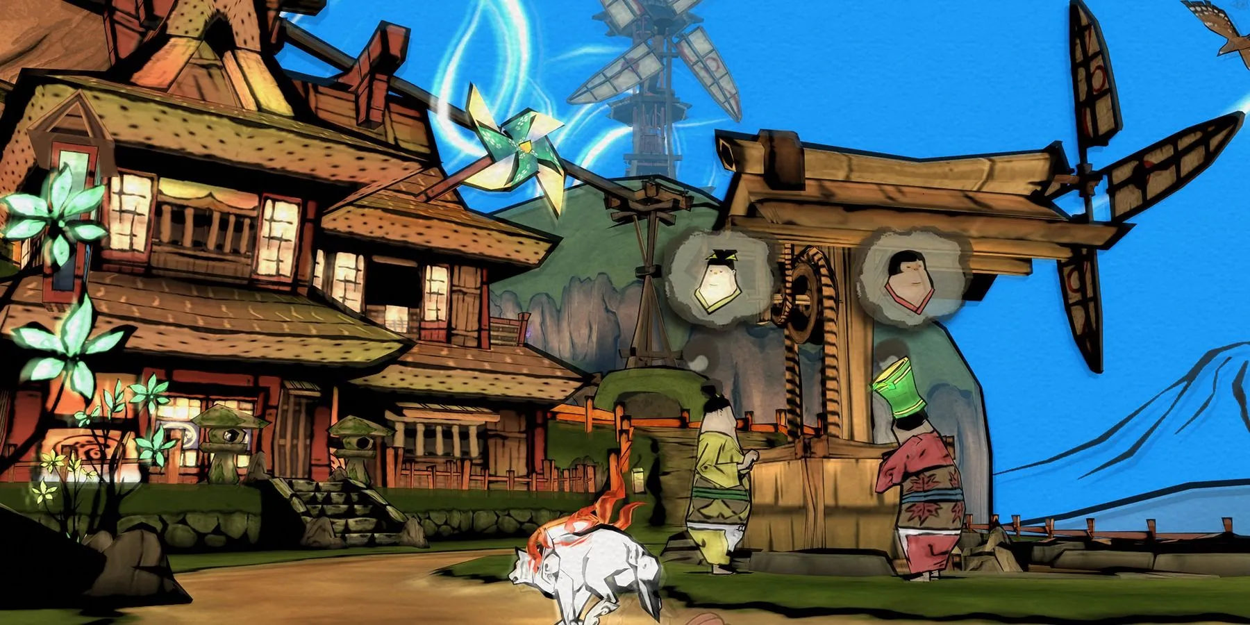 Cảnh Amaterasu khám phá thế giới rộng lớn trong Okami, thể hiện phong cách đồ họa nghệ thuật