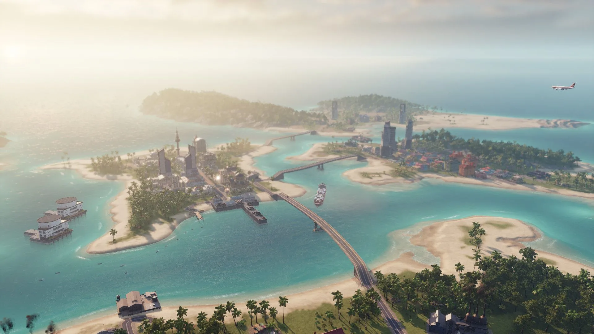 Cảnh bến cảng sôi động trong Tropico 6, tàu thuyền và hàng hóa được vận chuyển