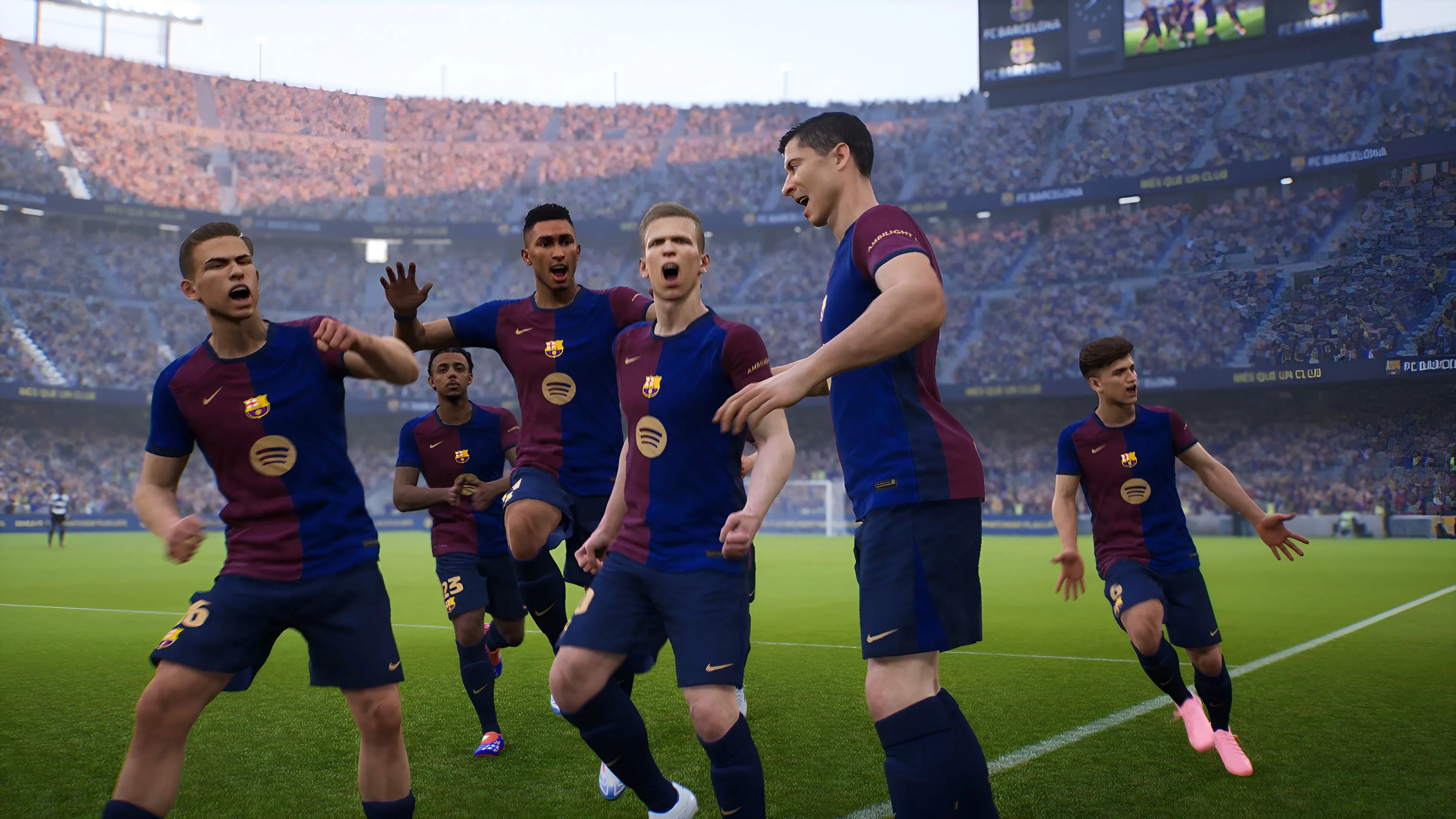 Cảnh các cầu thủ Barcelona ăn mừng bàn thắng trong game eFootball, tựa game bóng đá miễn phí của Konami.