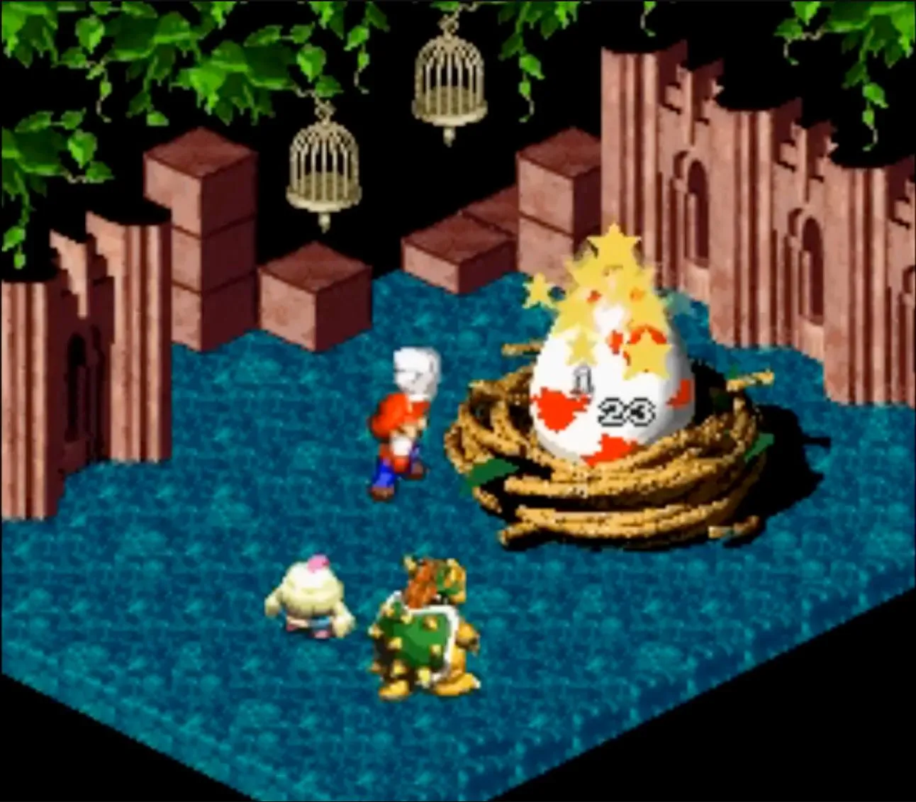 Cảnh chiến đấu theo lượt trong Super Mario RPG trên SNES, hiển thị Mario và các đồng đội đang đối mặt với kẻ thù trong giao diện 3D isometric