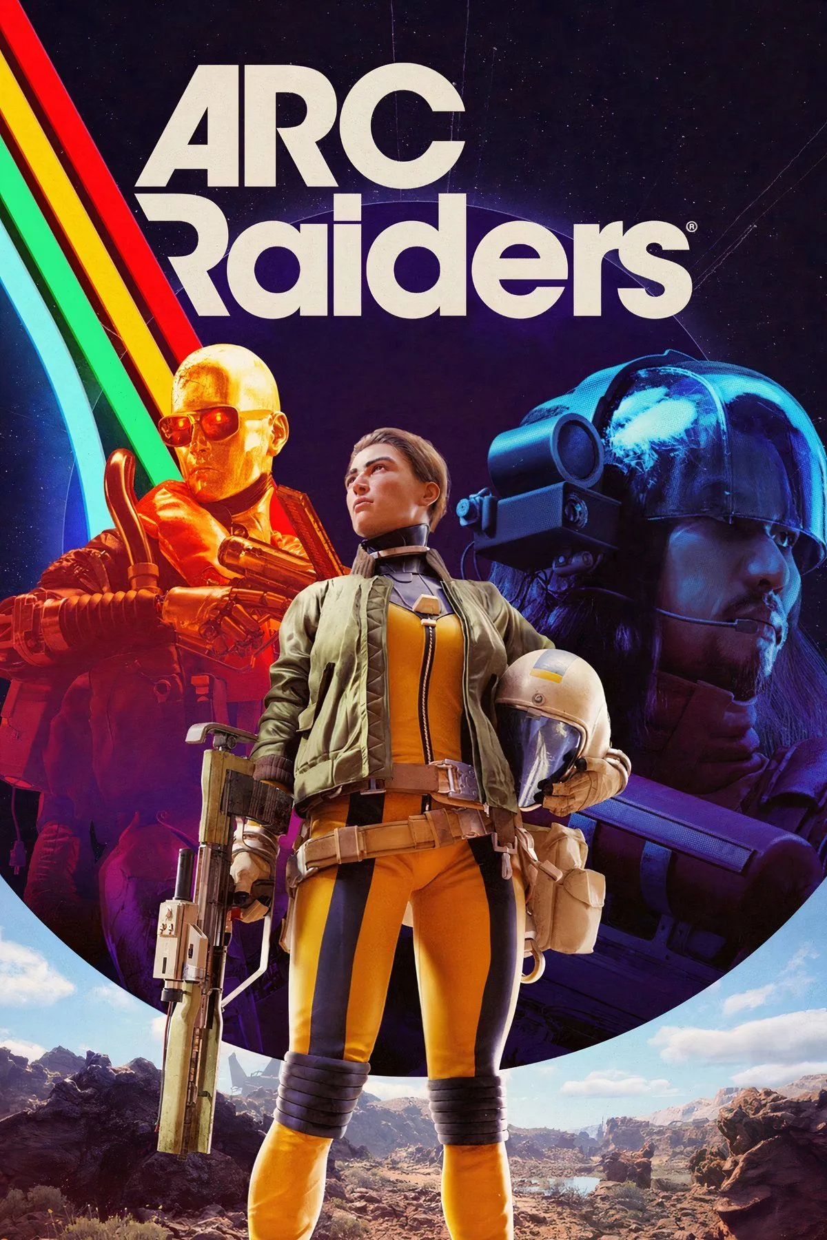 Cảnh chiến đấu trong ARC Raiders, các người lính đang chống lại robot khổng lồ trong một môi trường đổ nát