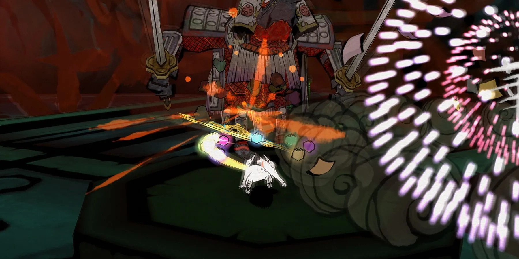 Cảnh chiến đấu trong game Okami, Amaterasu sử dụng kỹ năng tấn công với hiệu ứng mực vẽ sống động