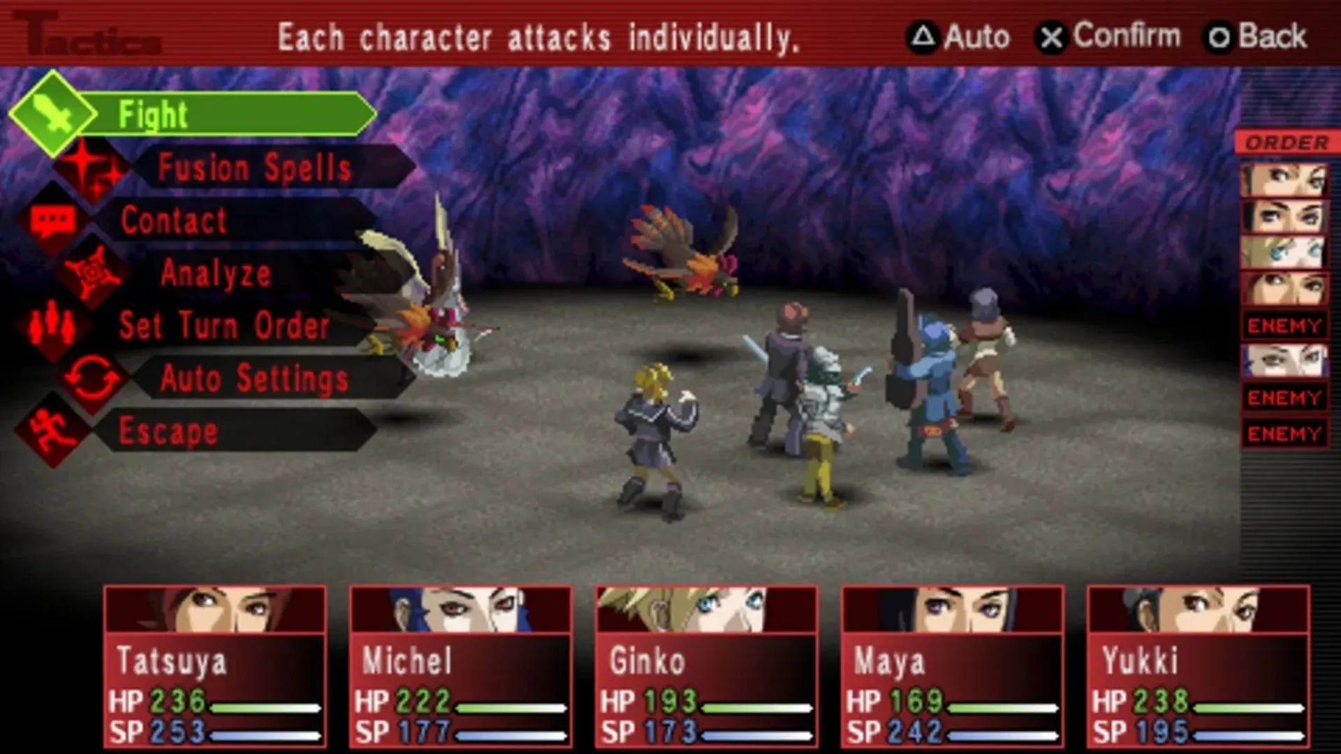 Cảnh chiến đấu trong Shin Megami Tensei Persona 2 Innocent Sin trên PSP với các nhân vật anime
