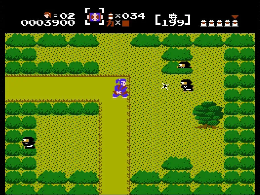Cảnh chiến đấu trong The Mysterious Murasame Castle trên Famicom Disk System, tựa game hành động phiêu lưu Nhật Bản