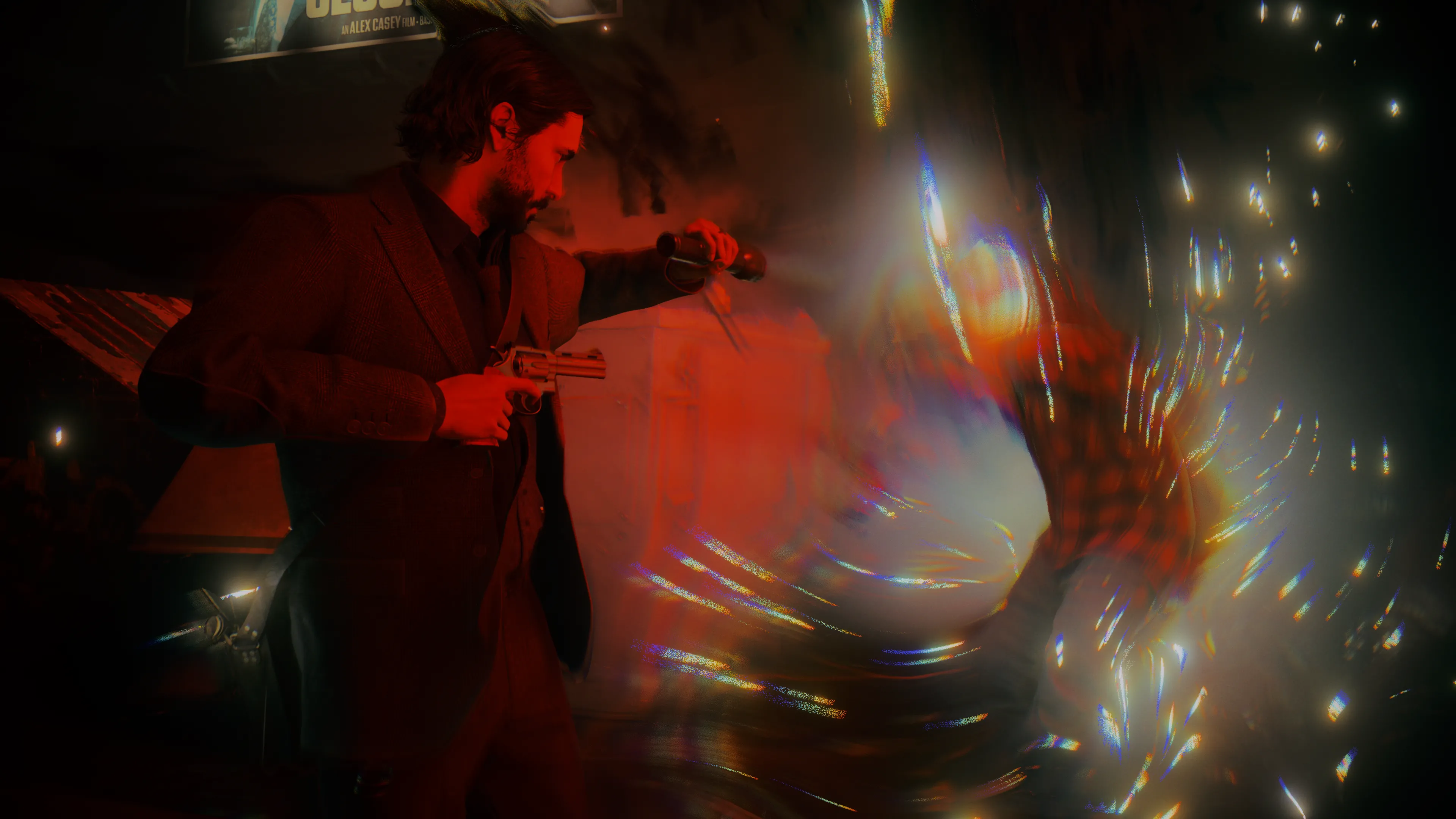 Cảnh chơi game Alan Wake 2 với công nghệ dò tia (Ray Tracing) và DLSS, minh họa hiệu ứng ánh sáng chân thực