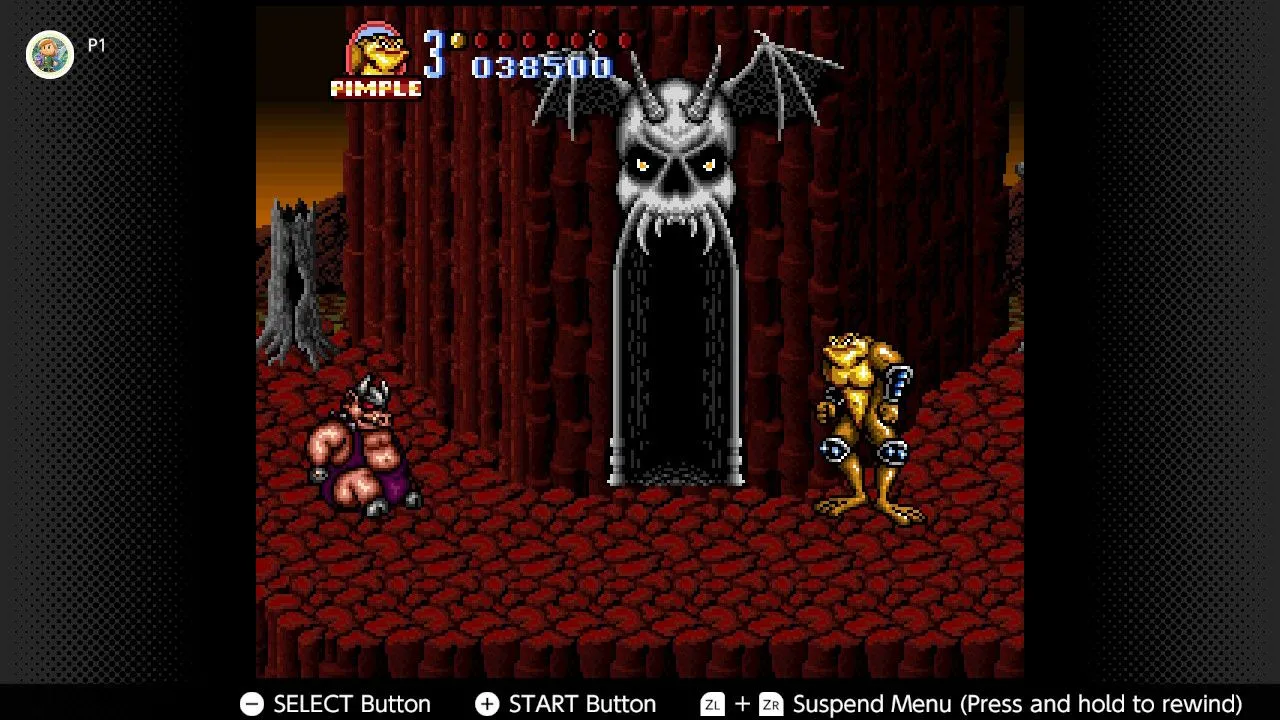 Cảnh chơi game Battletoads in Battlemaniacs trên SNES, với nhân vật Battletoad đang thực hiện đòn tấn công đặc biệt vào kẻ thù