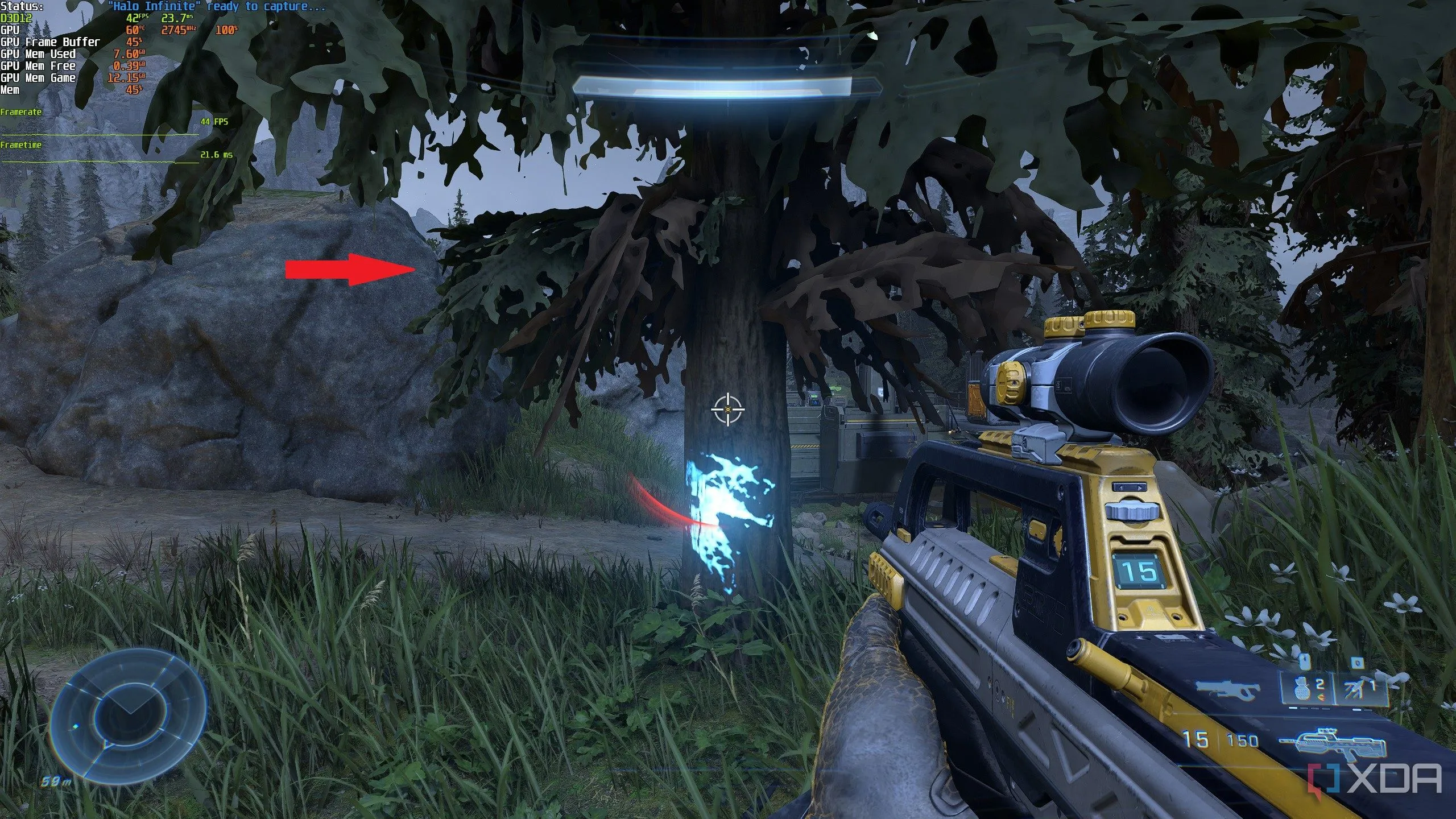 Cảnh chơi game Halo Infinite với hiện tượng texture pop-in do thiếu VRAM, minh họa vấn đề đồ họa