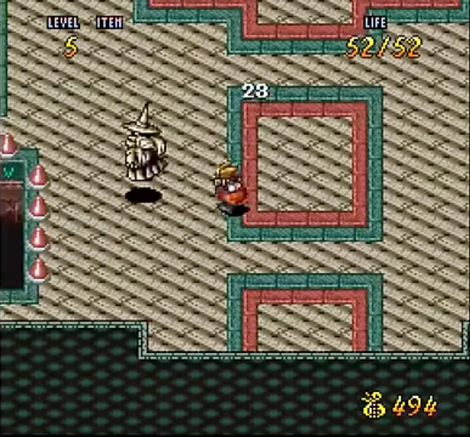 Cảnh chơi game nhập vai hành động Terranigma trên SNES, nhân vật Ark đang khám phá một khu vực thế giới bề mặt