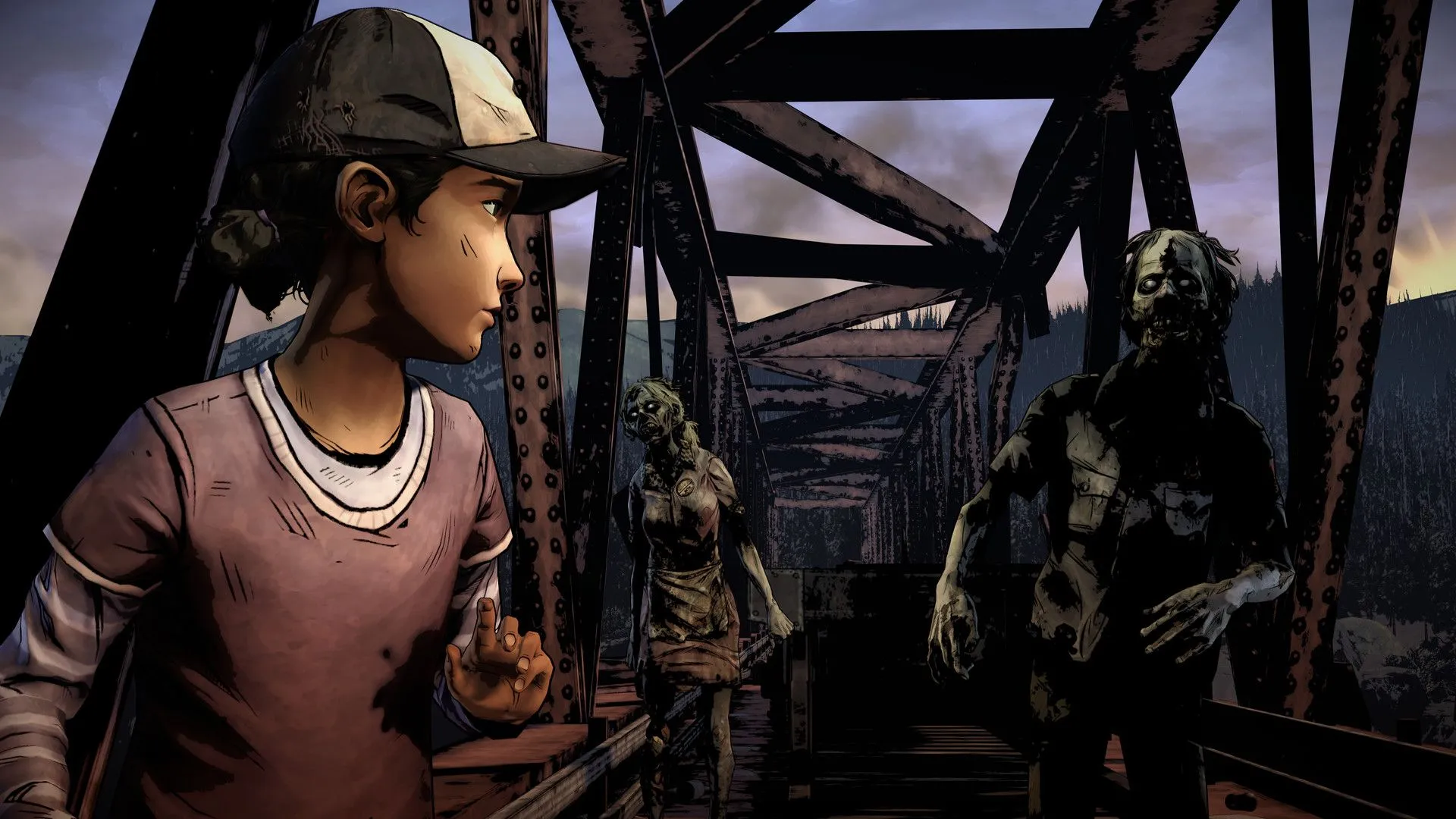 Cảnh Clementine và A.J. trong The Walking Dead: The Telltale Definitive Series, thể hiện đồ họa được nâng cấp