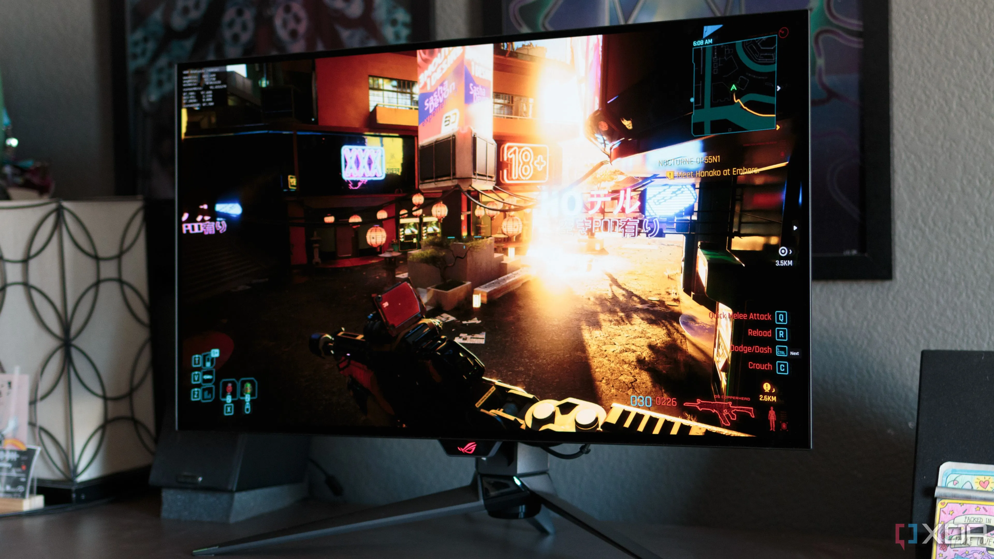 Cảnh Cyberpunk 2077 trên màn hình ASUS ROG PG32UCDP