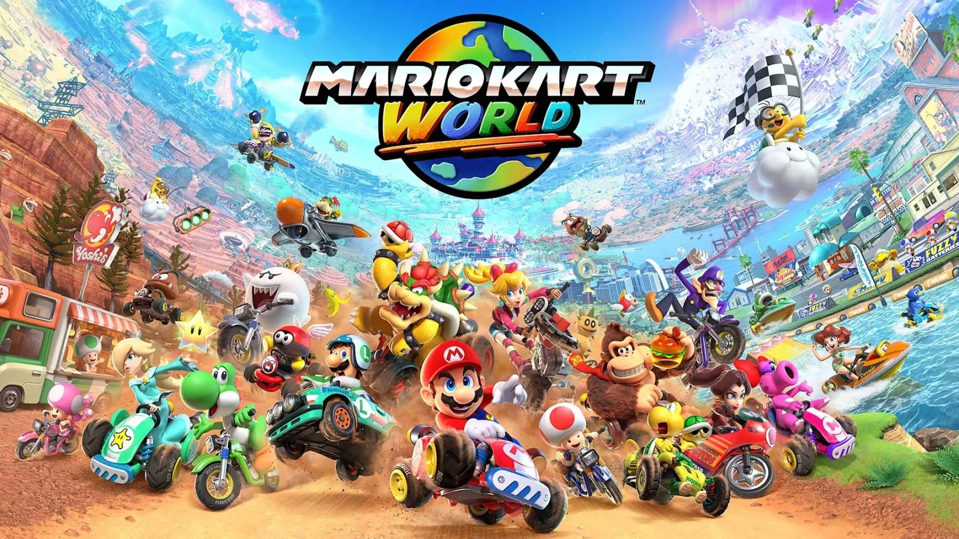 Cảnh đua xe kịch tính trong chế độ Knockout Tour của Mario Kart World với nhiều tay đua trên đường