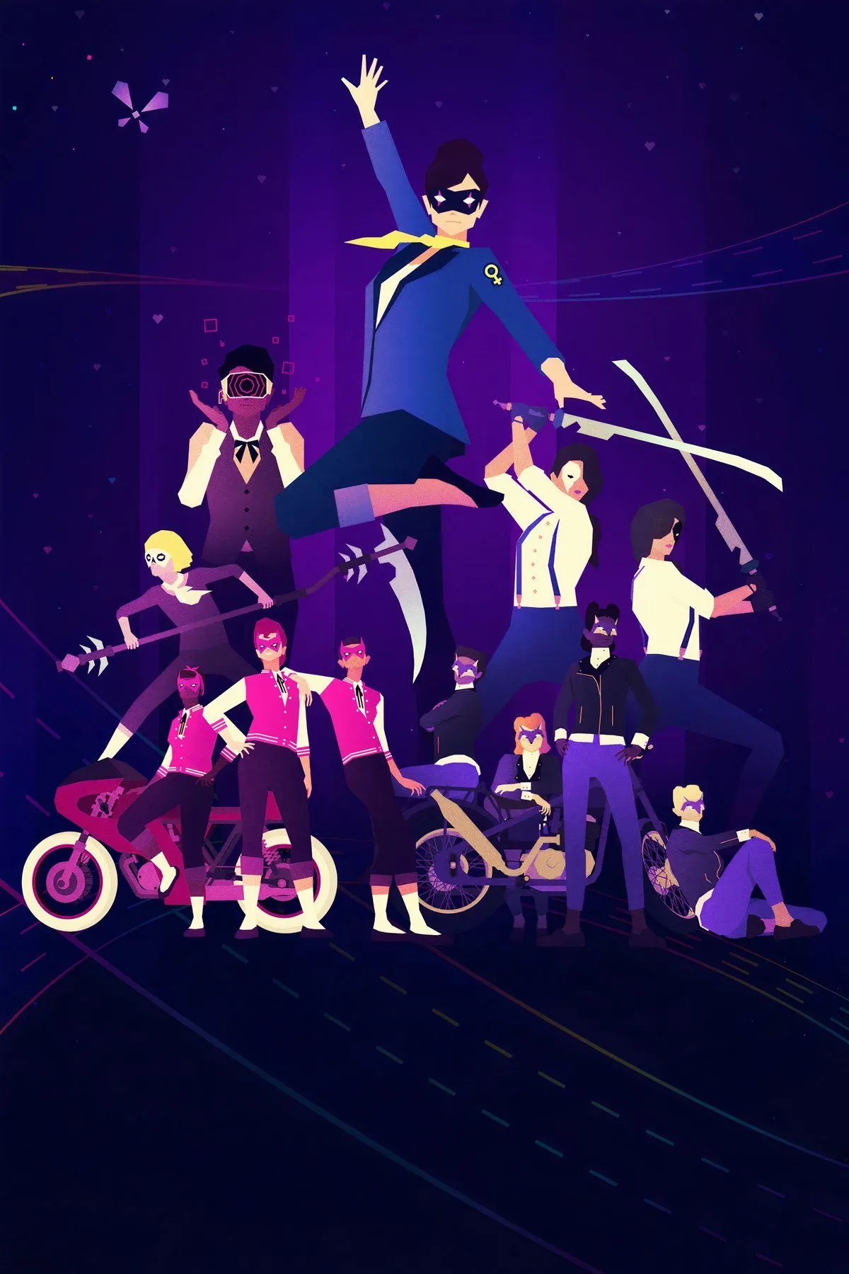 Cảnh đua xe nhịp điệu tốc độ cao với đồ họa neon ấn tượng trong game Sayonara Wild Hearts.