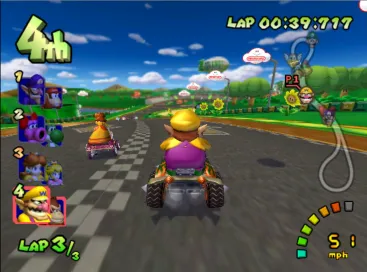 Cảnh đua xe vui nhộn trong Mario Kart Double Dash, với hai nhân vật điều khiển một chiếc kart