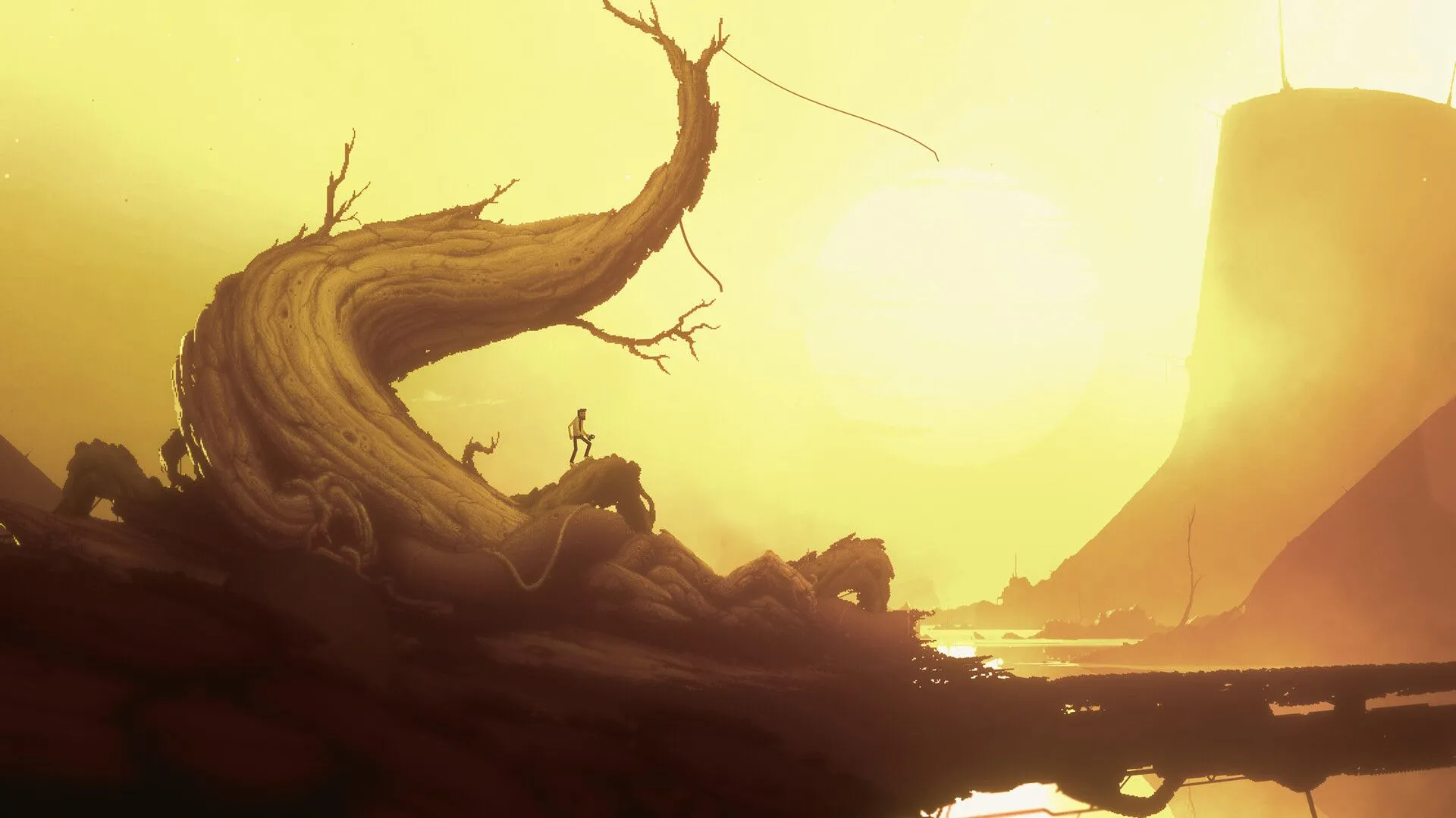 Cảnh game Bionic Bay với người đàn ông đứng trên rễ cây, minh họa cho các game indie đáng chú ý