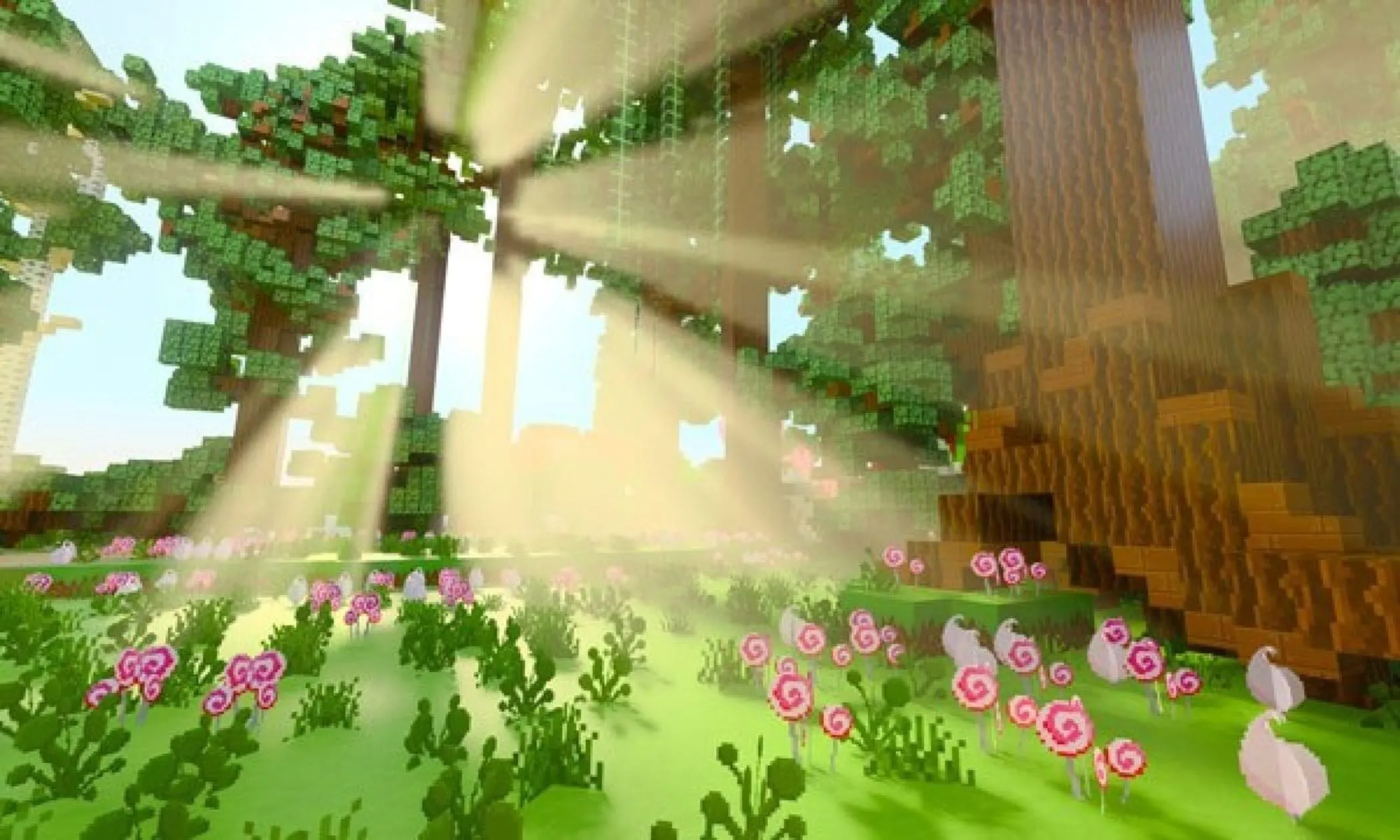 Cảnh game Minecraft RTX với hiệu ứng ánh sáng và bóng đổ chân thực