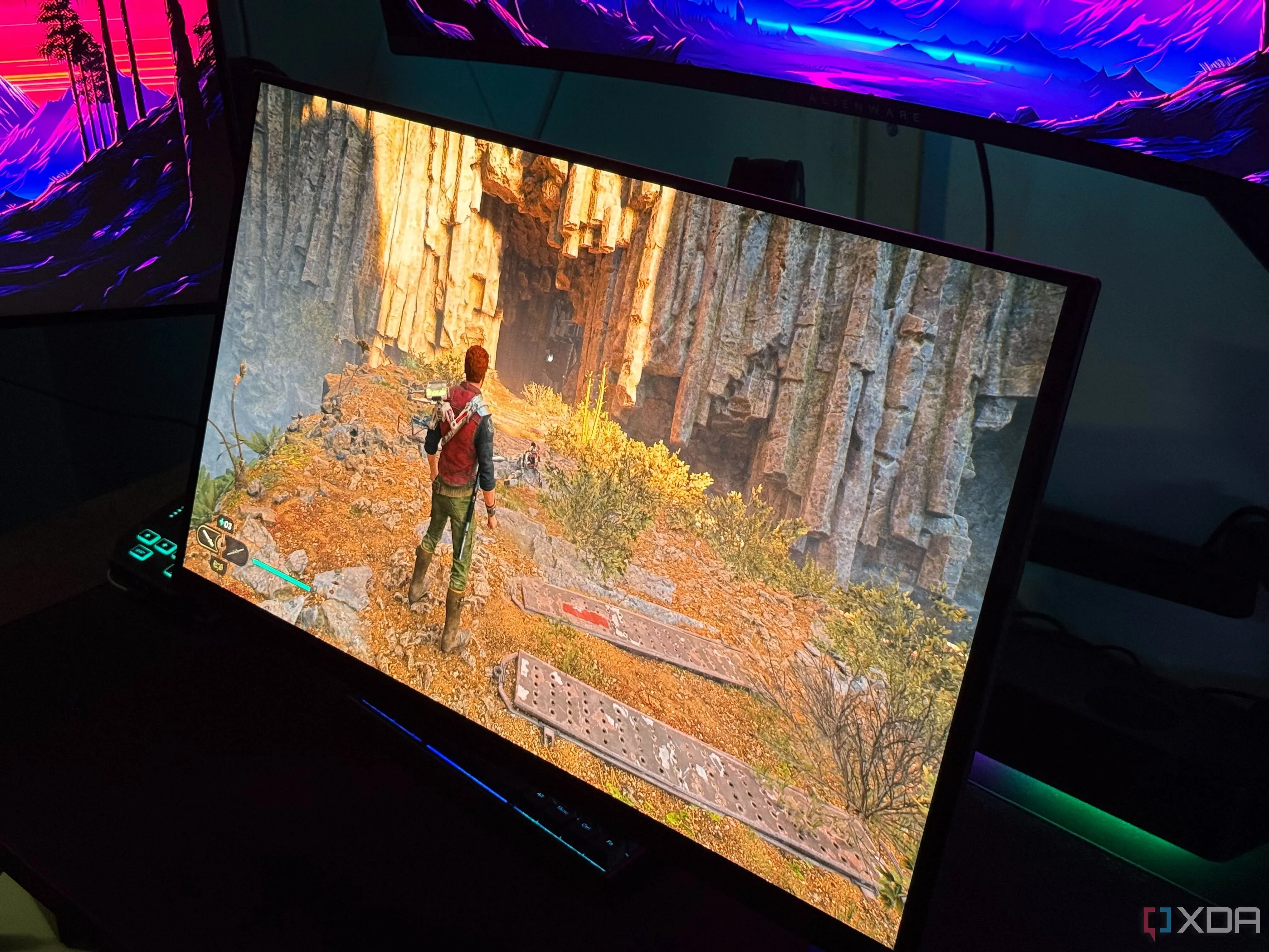 Cảnh game Star Wars Jedi Survivor hiển thị trên màn hình chơi game OLED, minh họa hiệu ứng DLSS