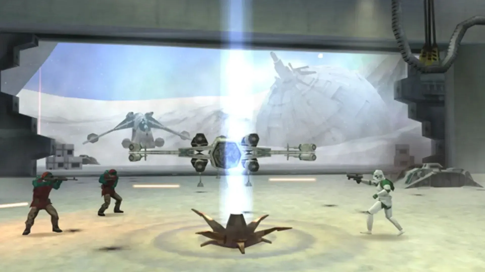Cảnh gameplay của Star Wars Battlefront Elite Squadron trên PSP, minh họa chế độ chiến đấu mặt đất