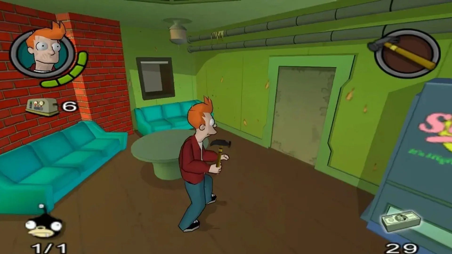 Cảnh gameplay game Futurama trên Xbox, với các nhân vật chính đang bắn súng và di chuyển trong môi trường đô thị tương lai