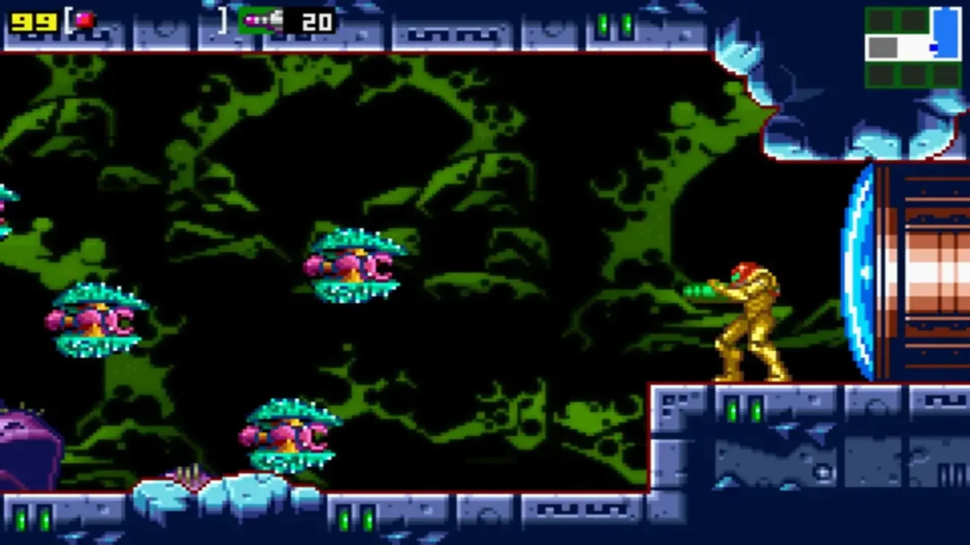 Cảnh gameplay Metroid: Zero Mission trên Game Boy Advance, cho thấy đồ họa được cải tiến và Samus đối đầu kẻ thù trong một khu vực hang động.