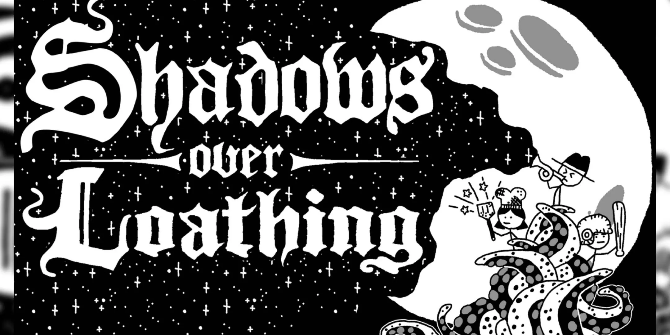 Cảnh gameplay trong Shadows Over Loathing, thể hiện nhân vật hình vẽ que khám phá một thế giới kỳ lạ và hài hước