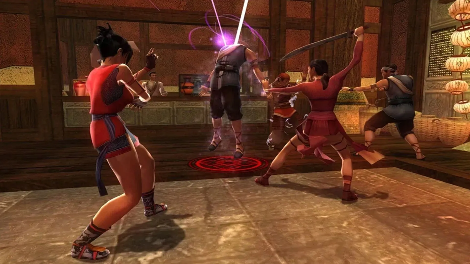 Cảnh gameplay từ Jade Empire, nhân vật chính đang sử dụng võ thuật trong môi trường cổ đại
