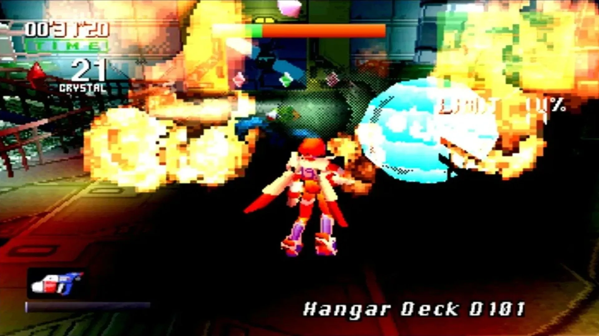Cảnh hành động trong game Burning Rangers trên Sega Saturn, nhân vật dùng jetpack chữa cháy