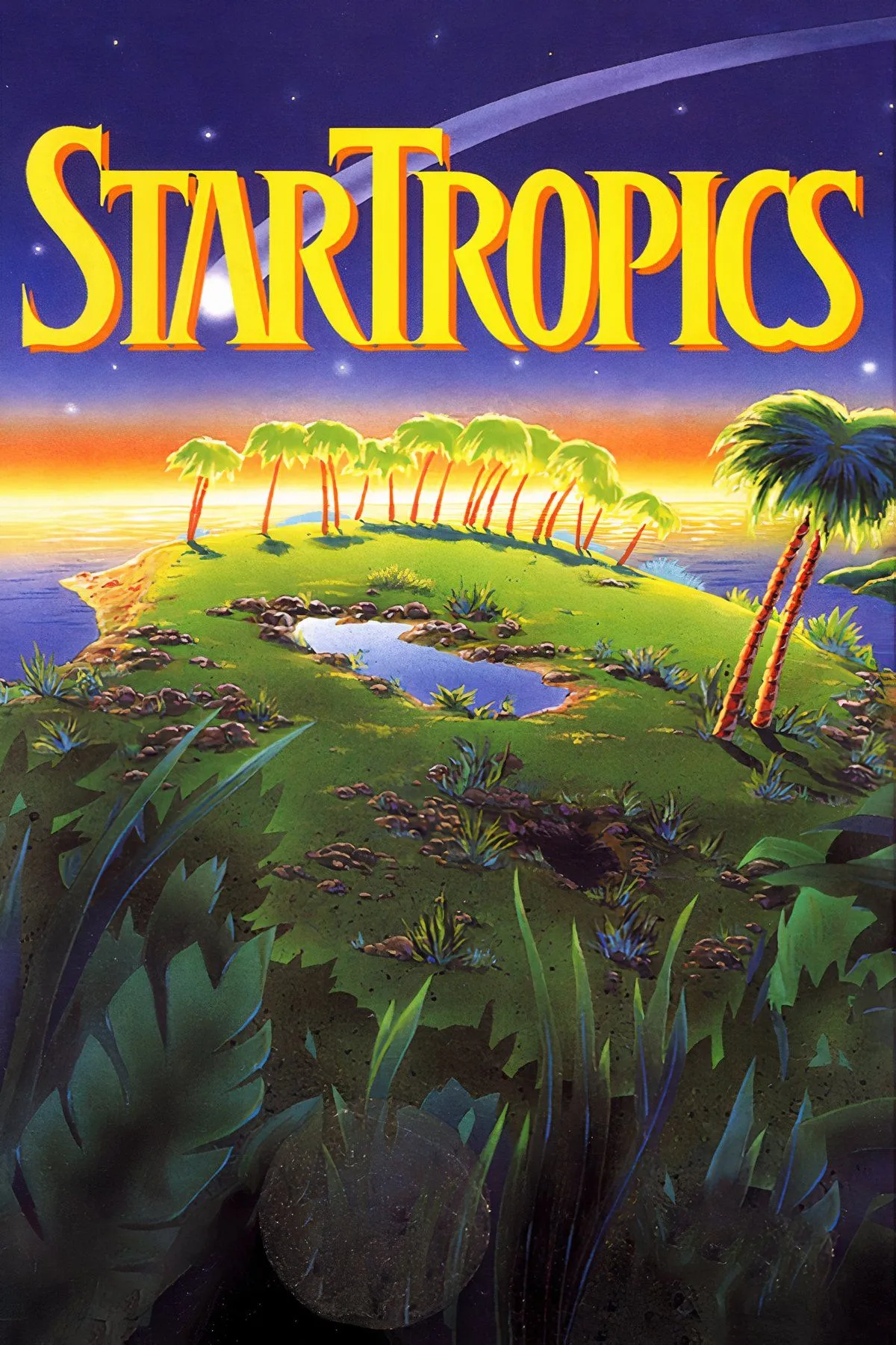 Cảnh hành động trong game Startropics trên NES, hiển thị lối chơi phiêu lưu góc nhìn từ trên xuống.