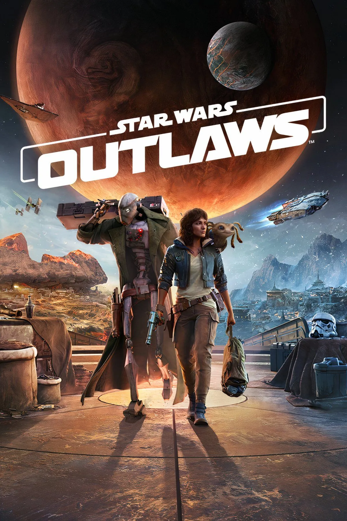 Cảnh nhân vật chính bay trên xe bay trong môi trường thế giới mở của Star Wars Outlaws