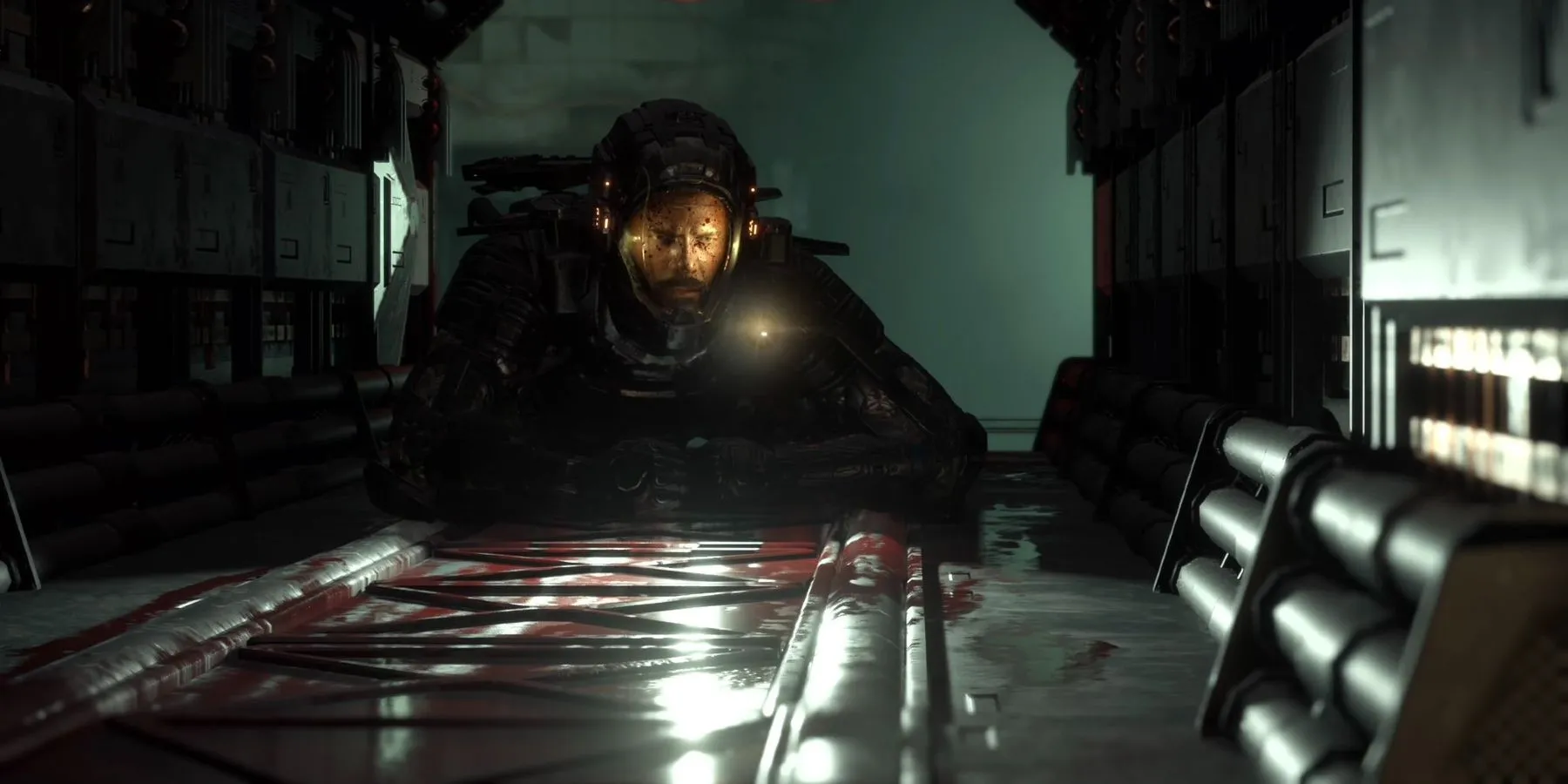 Cảnh nhân vật di chuyển qua khe hẹp trong game The Callisto Protocol, minh họa đồ họa siêu thực nhưng gameplay thiếu sáng tạo
