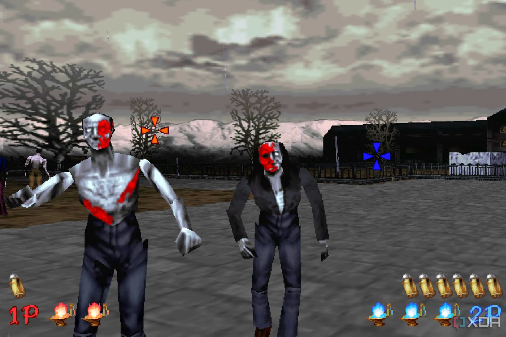 Cảnh nhiệm vụ mở đầu trong game The House of the Dead, với nhân vật đang chiến đấu với zombie