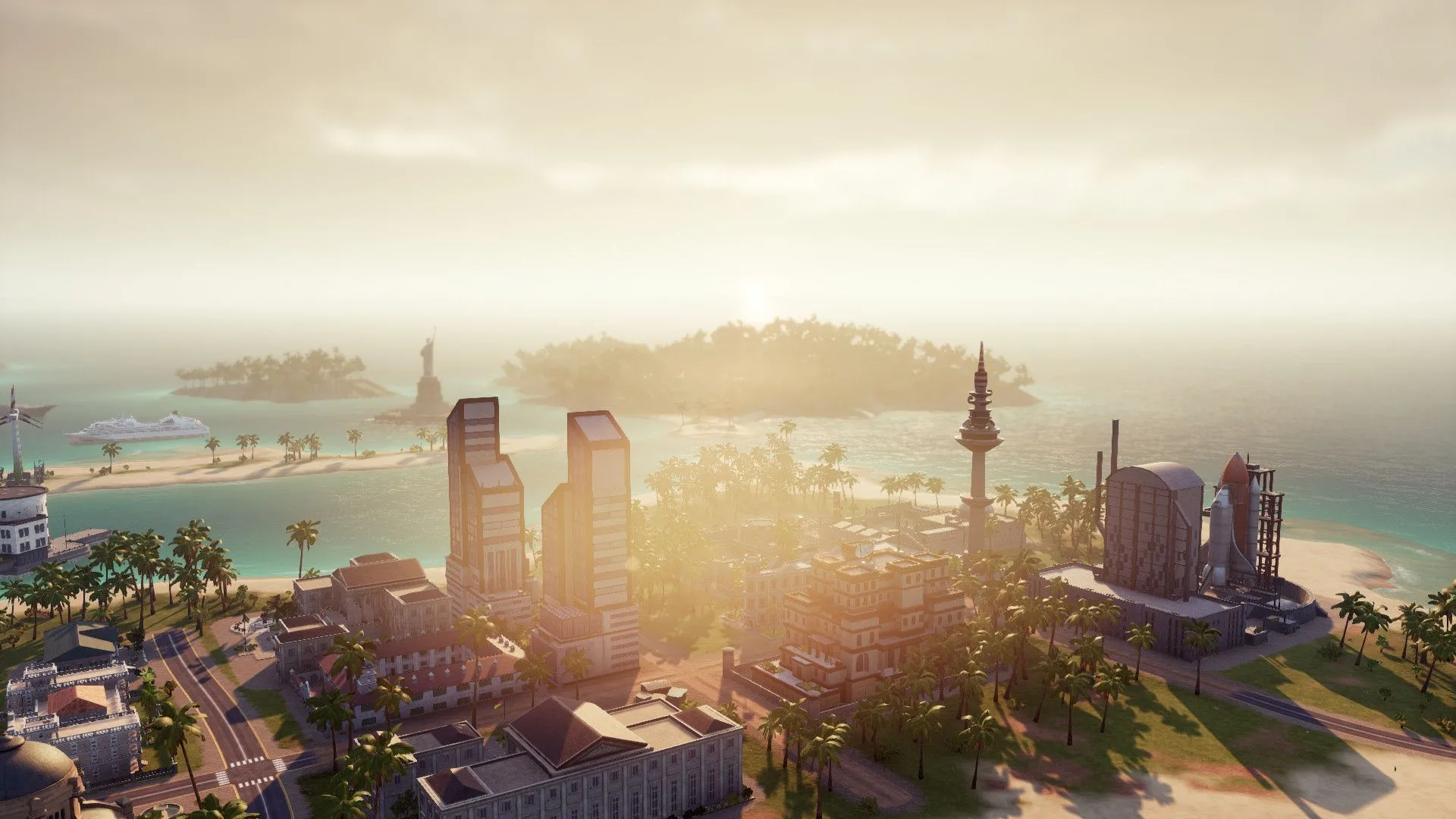 Cảnh quan đô thị trong Tropico 6, với đường phố, nhà cửa và tượng đài của El Presidente
